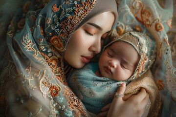 A high definition image of a loving Muslim mother in a beautifully embroidered hijab gently cradling her sleeping newborn baby captured in the soft light of a peaceful morning at home
