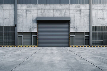 front view industrial roller door in a grey concrete building. exterior of commercial building design - obrazy, fototapety, plakaty