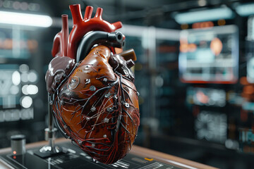 A highly detailed photorealistic 3D rendering of an artificial heart showcasing its intricate components and machinery set against a backdrop of futuristic medical technology