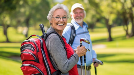 Happy senior couple with golf clubs having fun playing golf together on golf course