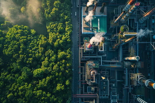 An ultra high definition aerial shot capturing the stark contrast between a sprawling industrial complex with its smokestacks and machinery and the lush greenery of the adjacent untouched