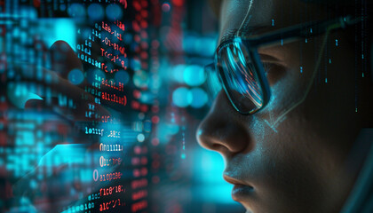 Close up shot of a cybersecurity expert programming AI driven encryption algorithms on a holographic interface with lines of code transforming into secure digital locks symbolizing the