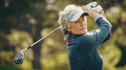 Senior woman golfer in golf swing on green course