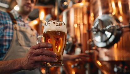 Close up shot of a brewmaster inspecting a sample of craft beer in a brewery with the warm glow of copper kettles in the background emphasizing the art and science behind beer production