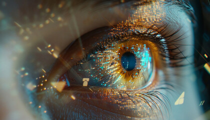Close up shot of a user accessing a next generation computer their eye reflected on the screen which displays the authentication process in real time capturing the intricate details of