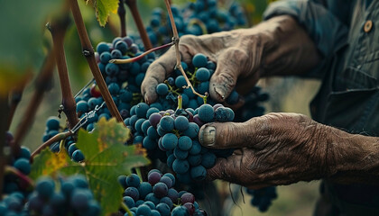 Close up shot of a winemakers hands examining the quality of grapes in a vineyard with a focus on...