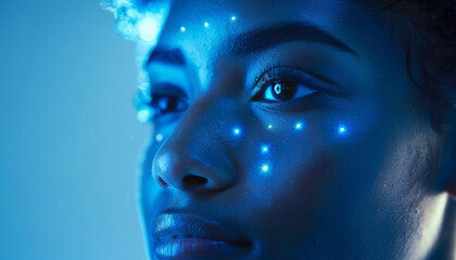 Close up shot of an individual undergoing a facial recognition scan their face illuminated by the soft blue light of the scanner capturing the intricate technology used for personal identification