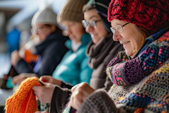 Volunteers of all ages knitting warm clothes for a charity drive, showing care and dedication to those in need.
