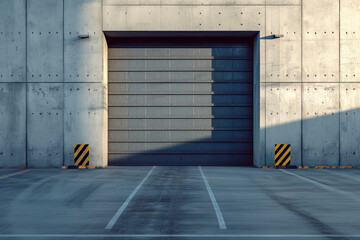 Obraz premium front view industrial roller door in a grey concrete building. exterior of commercial building design