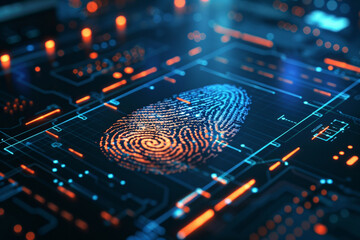High definition image of a fingerprint being scanned by a sleek advanced biometric device the screen displaying a complex pattern of ridges and whorls being analyzed set against the backdrop