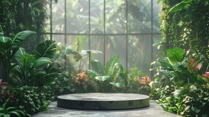 Stone podiums with circular backdrops, bathed in warm light, perfect for sophisticated product displays and presentations.