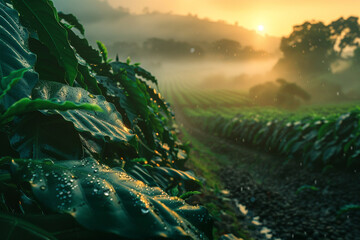 High definition image of a lush coffee plantation at sunrise dew on the leaves of the coffee plants with rows extending into the misty horizon showcasing the source of coffee beans - obrazy, fototapety, plakaty