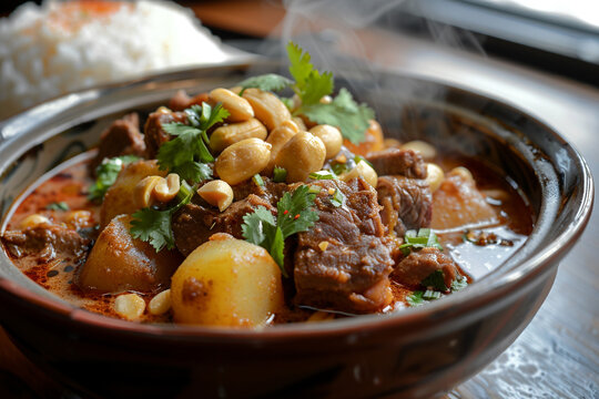 High definition image of a steaming bowl of Massaman curry featuring tender pieces of beef perfectly cooked potatoes and a rich aromatic sauce garnished with roasted peanuts and fresh