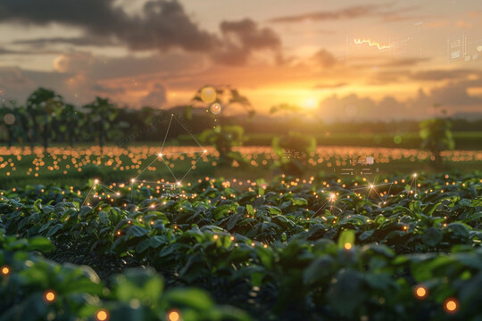 High resolution image of a smart farm at sunrise showcasing AI controlled drones monitoring crop health with data streams visible in augmented reality overlays connecting plants to the internet