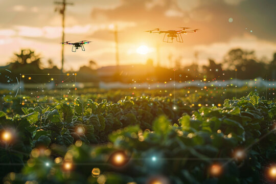 High resolution image of a smart farm at sunrise showcasing AI controlled drones monitoring crop health with data streams visible in augmented reality overlays connecting plants to the internet - Powered by Adobe