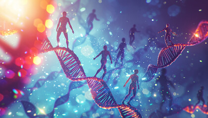 Stylized illustration of a futuristic CRISPR gene editing scenario where human health is being revolutionized by eliminating genetic diseases visualized through abstract human figures