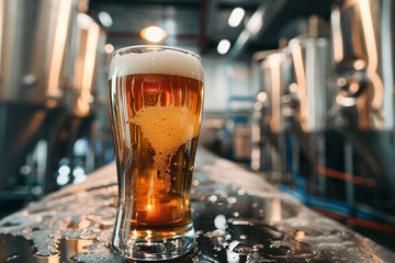 Ultra high definition image of a cold frothy beer poured into a pint glass with condensation on the glass set against the backdrop of a bustling brewery with stainless steel tanks