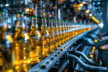Ultra high definition image of a state of the art beverage production line with bottles of sparkling water being filled capped and labeled at high speed showcasing the efficiency and precision