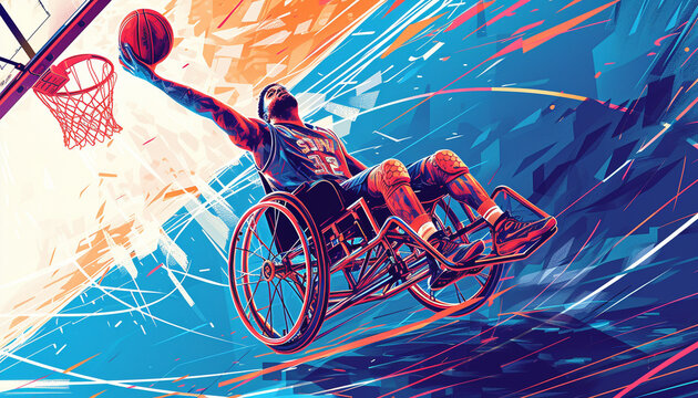 Stylized illustration of a basketball player in a wheelchair performing a high jump to score a basket depicted with dynamic lines and vibrant energy highlighting the action and excitement of