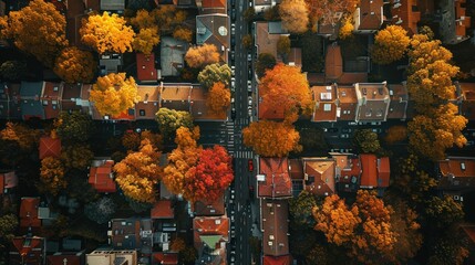 Overhead perspective of a city transitioning into autumn hues