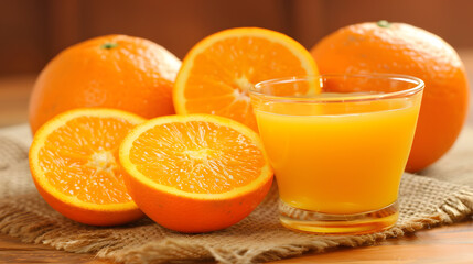 A refreshing glass of freshly squeezed orange juice accompanied by ripe, halved oranges on a rustic wooden table.
