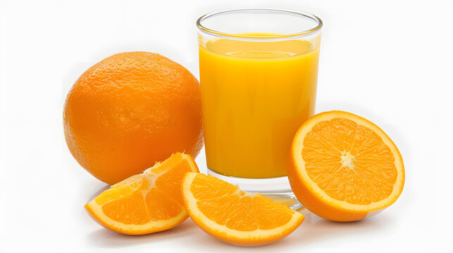 A vibrant glass of orange juice with fresh orange slices and green leaves against a white background, depicting freshness and health.

