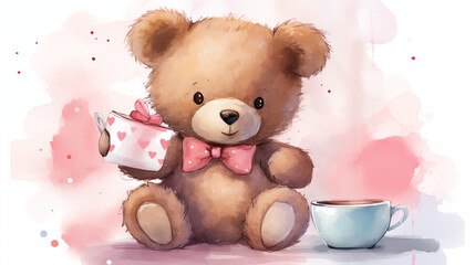 Whimsical cute watercolor Teddy Bear with gift in box, tea.