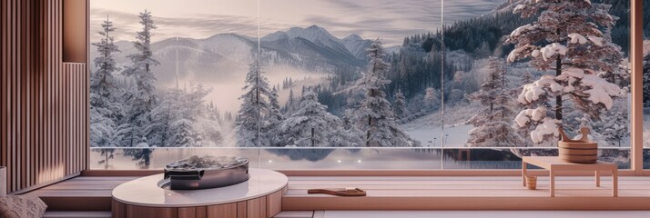 Luxurious indoor sauna with panoramic winter landscape view, fusing modern design with natural...
