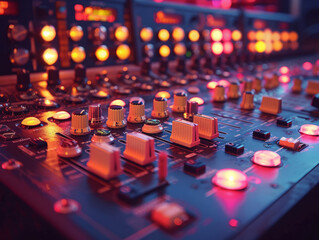 Obraz premium A close-up view of sound mixer console in a recording studio