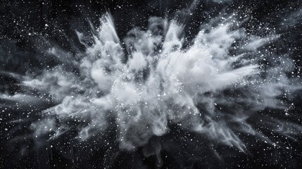 Abstract wide horizontal design of white powder snow cloud explosion on dark background