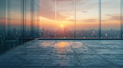 Foto op Plexiglas Asphalt road and glass wall with city skyline at sunset © chanidapa
