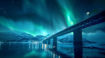 Aurora borealis or Northern lights in the sky over Tromso with Sandnessundet Bridge - Tromso, Norway