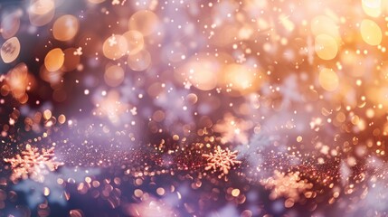 Christmas glittering glowing snowflakes particles and bokeh lights falling shiny background.