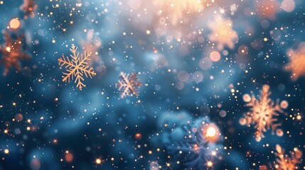 Fototapeta na wymiar Christmas glittering glowing snowflakes particles and bokeh lights falling shiny background.