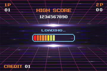 LOADING .pixel art .8 bit game. retro game. for game assets in vector illustrations. Retro Futurism Sci-Fi Background. glowing neon grid and star from vintage arcade computer games - obrazy, fototapety, plakaty
