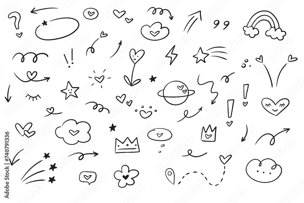 Poster Set of doodle vector elements. Hand drawn collection simple elements with hearts isolated on white background.