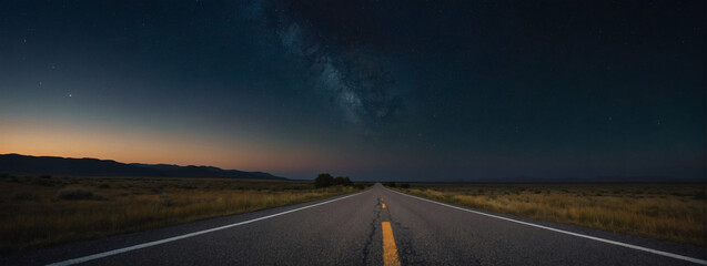 Isolated country road with an empty asphalt surface, framed by the tranquil night sky.