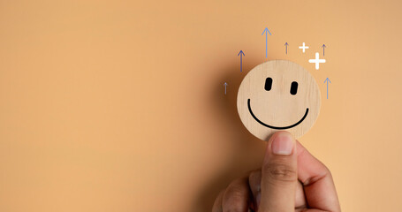 Happy smile relax face in wooden lable. Emotion happiness feed good positive thinking concept. Customer review assessment quality or feedback good mood, Happy mental. - obrazy, fototapety, plakaty