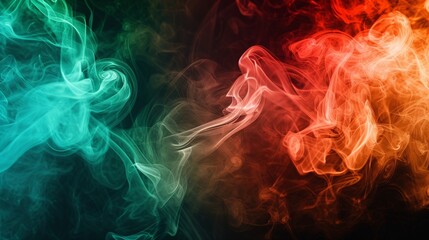 Colorful smoke abstract on dark backdrop with red, green, and brown ink.