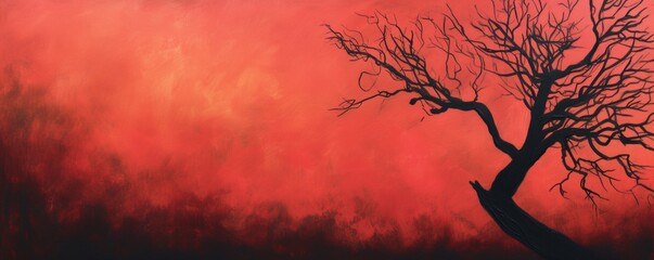 A Painting of a Tree Against a Red Sky