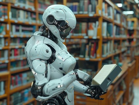 Robot librarian organizing digital archives a beacon of knowledge in a vast library
