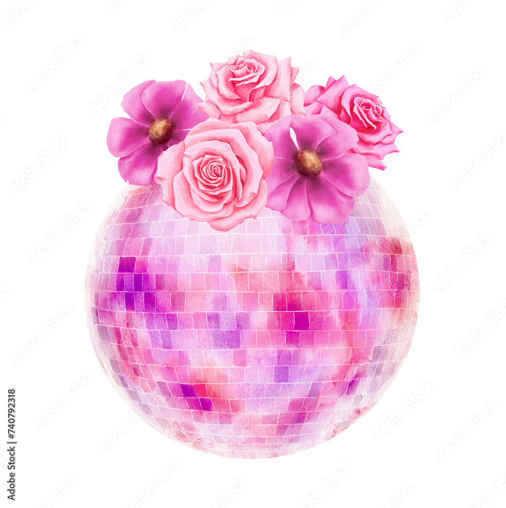 Sticker Colorful disco ball decorated with flower. Hand drawn watercolor illustration. - Stickers