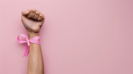 Supporting Breast Cancer awareness concept. First-person perspective of strong raised hand with clenched fist. Pink ribbon attached to wrist showcased on pastel pink surface with room for tex - obrazy, fototapety, plakaty