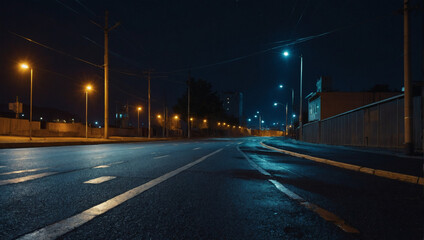 Lonely road in the cityscape, asphalt ground, illuminated by the night sky. 