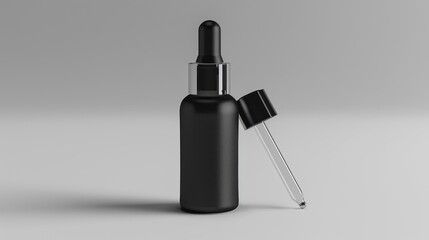 Black dropper bottle with blank label for mock up product copy space background. AI generated image