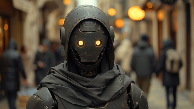 Robot street performer miming in a city square captivating passersby with silent stories