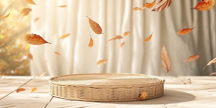 A fall-themed round wicker stand with a clear matte showcase surrounded by falling foliage.