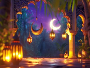 Islamic background for Ramadan lanterns and crescent moon. Ramadan theme with colour combinations of purple, and pink, buildings, mosques, moonlight, and lanterns. Created with Generative AI.