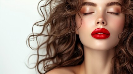 Attractive Fashion Model with red lips and closed eyes, showcasing natural Makeup and long wavy hair on white backdrop.