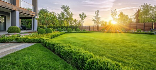 Neatly landscaped backyard of a modern home with trimmed hedges and a lush green lawn, perfect for architecture and home design.